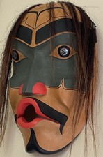 Pacific Northwest Kwakiutl Native Carved Cedar Mask Wild Man Horsehair Abalone picture