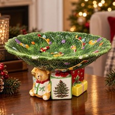 Vtg. Spode Christmas Tree Pedestal Bowl w Holiday Gift & Bear Design 9.5