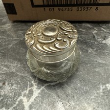 Vintage Avon rich moisture cream empty Glass Vanity Jar W/ Ornate Silver Lid  picture