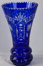 Stunning Cobalt Blue Crystal Cut to Clear Heavy Glass Vase ~ 12” Tall picture