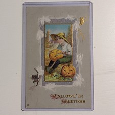Antique 1913 Halloween Postcard Boy Carving Jack O Lantern Series 345C picture