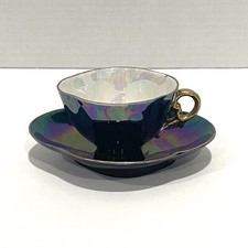 Antique Sarreguemines France Iridescent Lustre Tea Cup And Saucer Purple Blue picture