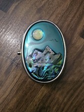 Vintage Alpaca Silver Hinged Oval Pill Box Mountain Scene  picture