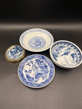 Vintage Asian Blue White Porcelain Rice Grain Bowls Trinket Box Lot of 4 picture