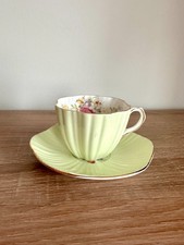 Vintage EB Foley 3627 Bone China Teacup Saucer Green Floral England 1950s picture