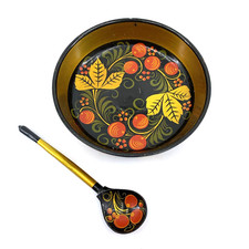 Vintage Russian Wood Bowl and Spoon Lacquer Red Cherries Folk Art 5