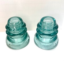 Glass Insulators Whitall Tatum Set 2 Vintage Aqua Glass Antique Industrial Decor picture