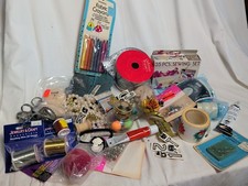 Huge Vintage Craft Lot Fabric Crayons Sewing Set Beads Wire Ribbon Decals DIY picture