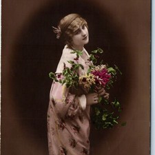 c1910s New Year Greetings RPPC Hand Colored Fashion Lady Flower Bouquet Postcard picture