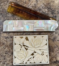 1950’s Set COMPACT-Schildkraut HAND CARVED FLORAL Compact & Comb Set-2 picture