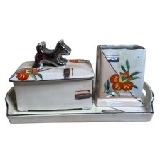 Antique Hand Painted Nippon 3 Pc Dresser Desk Set Scottie Dog Covered Box Tray picture