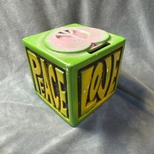 Vintage Folk Art  Block  Piggy Bank 4” Cube Peace Love picture