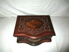 SUPERB Antique Black Forest Ornate Hand Carved Jewerly Box w Brass Inserts inlay picture