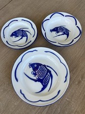 Lot Of Vintage Chinese Enamelware Plates Dinner 4 Salad 3 Bowls 2 Blue Koi Fish picture