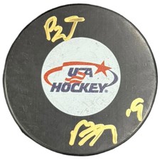Matthew Tkachuk & Brady Tkachuk Dual Autographed Team USA Hockey Logo Puck - JSA picture