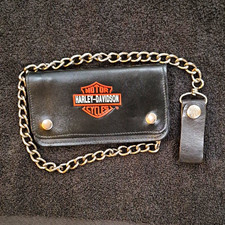 Vintage Harley-Davidson Leather Chain Wallet Black Hand Finished Made USA picture