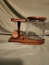 Vintage Decatur Industries Deco 4 Pipe Smoking Pipe Stand Caddy Walnut Glass Jar picture