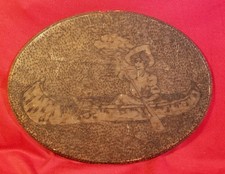 1880s-1910s Woman In Canoe Pyrography Wood Hanging Plaque Panel vtg 12x9 Antique picture