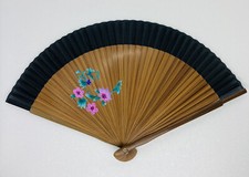 Vintage 1960s Japanese Hand Fan Wood And Cloth Lily Flowers Painted Art Japan 10 picture