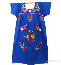 VINTAGE ROYAL BLUE HAND EMBROIDERED MEXICAN DRESS L XL picture
