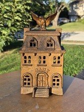 Antique Cast Iron Coins Bank w/ Eagle on a roof Civil War Era Collectible picture