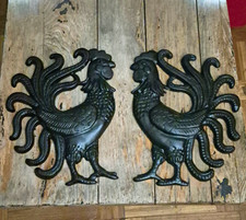 2 Vintage Cast Iron Wall Hanging Roosters picture