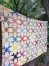 Antique Handmade Spider Web Quilt Top 1930s Feed Sack Cotton 88x80 Starburst Art picture