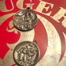 Lot of 2 Catholic Christian Saint Medal Pendants, Silver Tone Religious Imagery picture