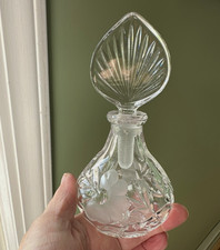 Vintage Clear Glass Perfume Bottle Frosted Floral Fan Stopper 5.5” picture