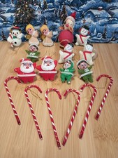 18 Vintage Christmas Ornaments Flocked Santa Elves Angel Snowman And Candy Canes picture