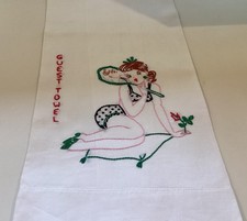 VINTAGE Slightly Risqué  Midcentury Pin Girl Linen Guest Towel Hand Embroidered picture