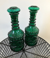 Vintage 1968 Jim Beam Emerald Green Glass Decanter Bottles with Stoppers Pair picture