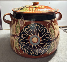 Vintage Mexican Tlaquepaque Redware Pottery Bean Pot w/Lid Hand Painted Folk Art picture
