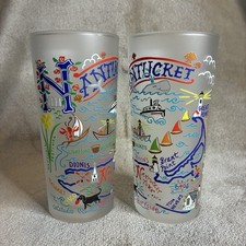 Set Of 2 Catstudio “Nantucket” Souvenir Frosted Glass Tumblers 15oz 2022 picture