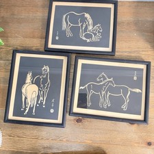 Horses Sonan Noda Woodblock Prints Black White Mid Century Set Of 3 RARE picture