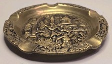 Vtg Mid Century Heavy Brass Round Ashtray Ottoman Turkey Scene Trinket Tray 3.5