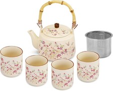 Fanquare Japanese Ceramic Tea Set 17oz Teapot Infuser 4 Cups Floral Bamboo picture