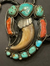Vintage Navajo Signed L I Sterling Silver Bear Claw Bolo Tie Turquoise Coral 78g picture