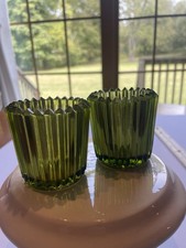 Pair Indiana Glass Vintage Green  Ribbed Votive Candleholder NOS MCM 50s 60s 70s picture