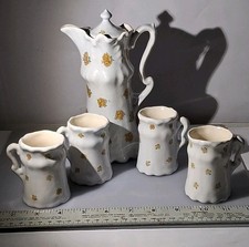 Vintage White Ceramic/Porcelain Pitcher with 4 Matching Mugs/Cups & Lid. picture