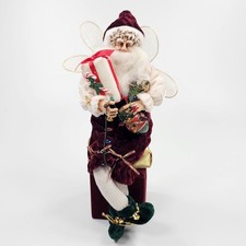 Santa Claus Fairy Figurine 10in Burgundy Velvet Gift Box String Lights Vintage picture