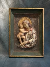 Antique c1920 Madonna Child Polychrome Relief Plaque Gilt Religious Art 27x22 picture