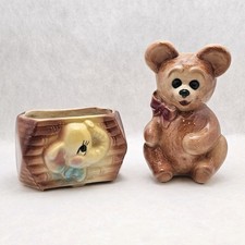 Vintage Royal Copley Ceramic Teddy Bear & Elephant Mid Century Nursery Planters picture