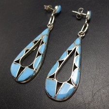 LOVELY Signed ZUNI Flush Flat Inlay TURQUOISE Sterling Silver EARRINGS Pierced picture