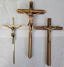 Lot of 3 Christianity Wood, Brass, & Metal Crucifix Wall Crosses w/ INRI Plaque picture