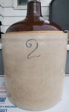 Antique Big 2 Gallon Stoneware Whiskey Jug Brown Top Blue Script 2 Crock Pottery picture