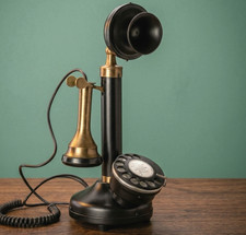 Antique Brass Candlestick Rotary Dial Telephone Black Desk Accent Working Phone. picture