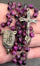VTG Our Lady of Lourdes Rosary Purple Marbled Glass Bead Silver Tone 26” picture