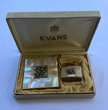 Vintage Evans USA Mother of Pearl Rhinestone Compact & Lighter Set w/ Box 1950s picture