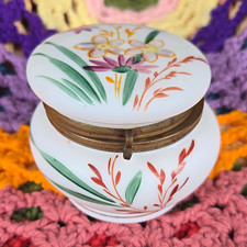 Antique Hand-Painted Opaline Milk Glass Hinged Powder Box / Trinket Jar picture